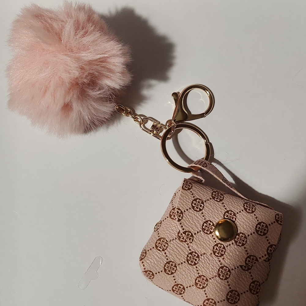 Pink Pom Pom Keychain with Gold Accents